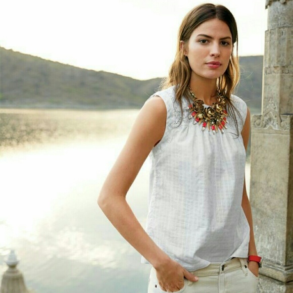 Jcrew embroidered windowpane top blouse in yellow