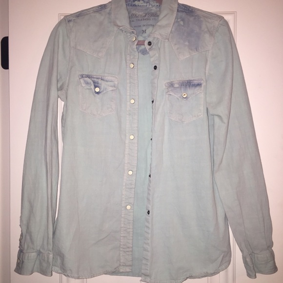 WORN ONCE! Blue distressed snap button down!