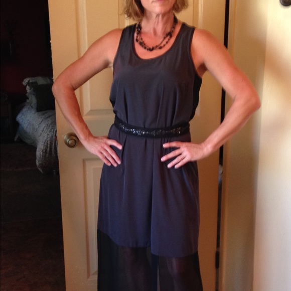 Vera Wang charcoal silky dress with sheer maxi