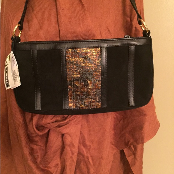 NWT JRenee black  suede/crocodile shoulder purse