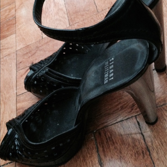 Black patent silver heel peep Stuart Weitzman sz9 - Picture 2 of 4