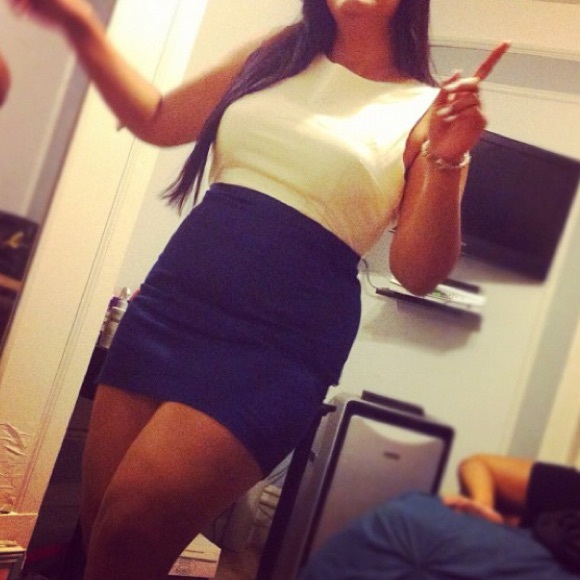 Cream And Blue Pencil Dress