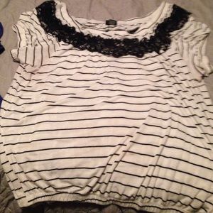 Striped off the shoulder shirt with lace trim