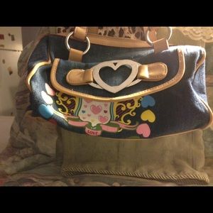 Silver Heart and Painted Decorations Denim Handbag