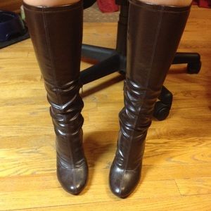 Brown leather high heel boots