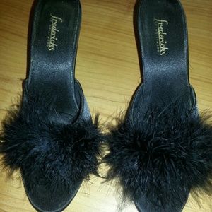Frederick's black feathered heels, size 8