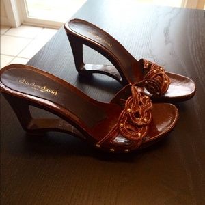 SOLD Charles David cut out leather and wood wedges