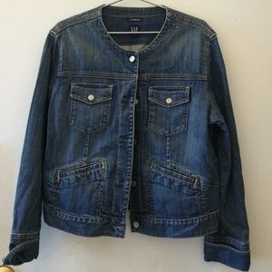 Collarless denim jacket