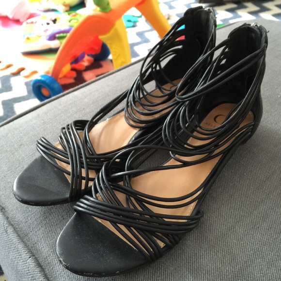 Kelsi Dagger black low wedge ankle strap sandals