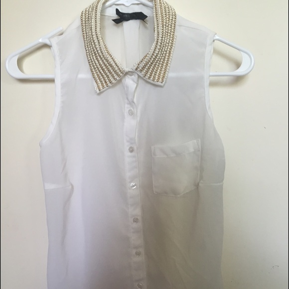 Sheer white sleeveless button up w/ beaded collar
