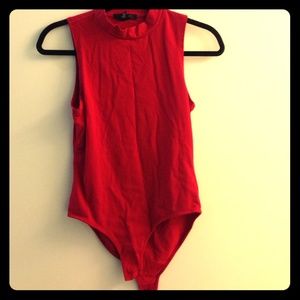 EUC red mock neck bodysuit/leotard w snap closure