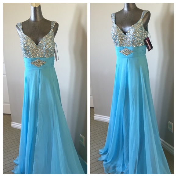 FABULOUSS BY MAC DUGGAL Aqua Slip Gown w/ Crystals