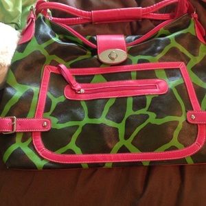 Pink, green and black cow print big purse