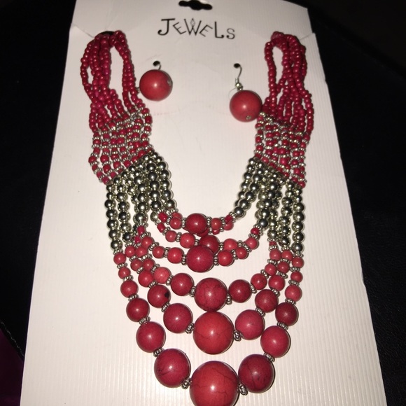 Red & Gold Multi Strand Necklace and Earring Set - Picture 1 of 2