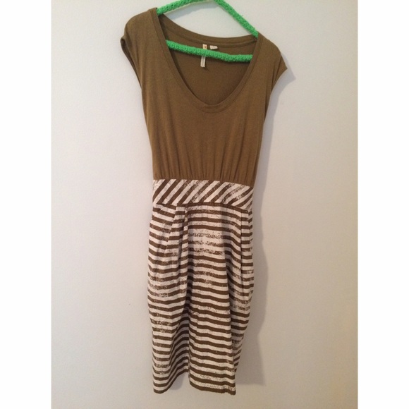 Anthro olive green and white striped dress