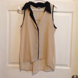 Cream ahort sleeved sheer tank with black collar