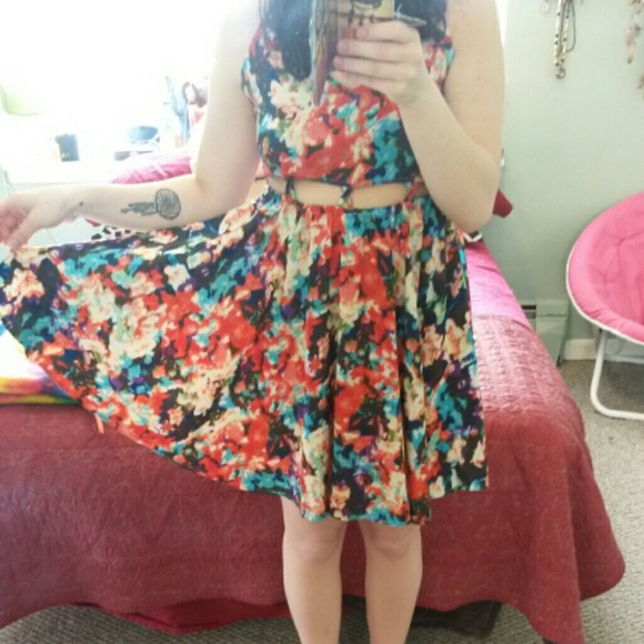 Strapless floral cut out dress