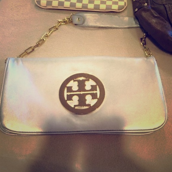 Silver double T purse with gold hardware