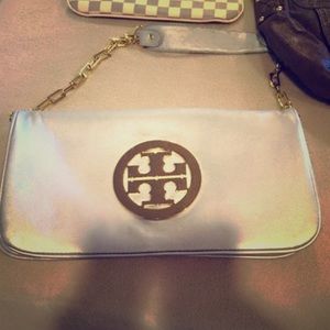 Silver double T purse with gold hardware