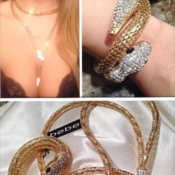 Bebe gold rhinestone snake head necklace bracelet