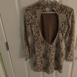 Long sleeve tan and beige dress, open back