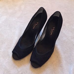 Nina black lace peep toe heels