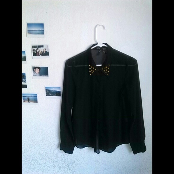 Black sheer blouse with gold studded collar