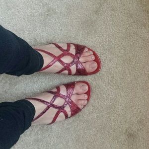 Red and black snake skin sandals