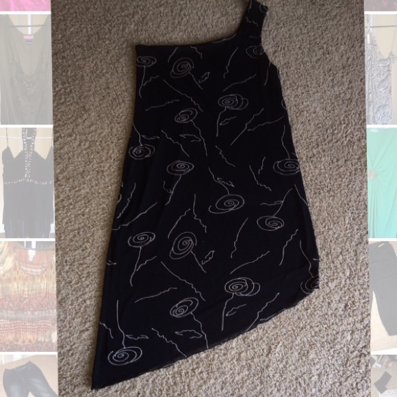 Sexy 1 Shoulder Black Dress Floral Piping Size 2X
