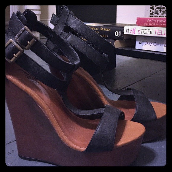 Charlotte Russe Shoes - BLACK T-STRAP WOODEN WEDGE! 😍