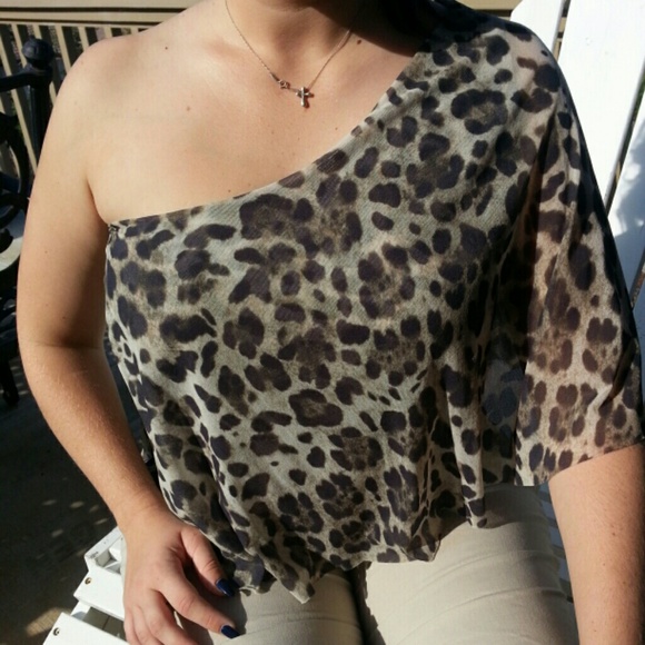Cache mesh leopard print one shoulder top