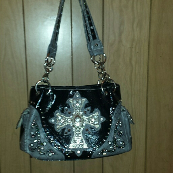 Grey & black purse w/cross pendant & rhinestones