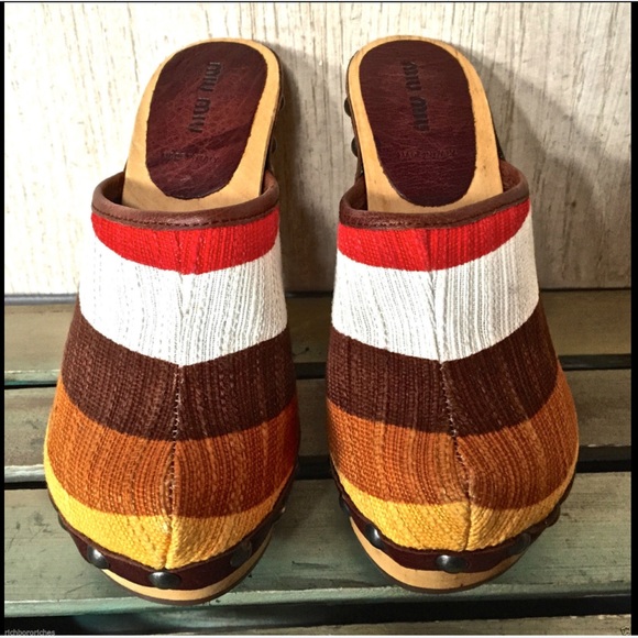 MIU MIU fabric leather studs platform wood clogs - Picture 3 of 6