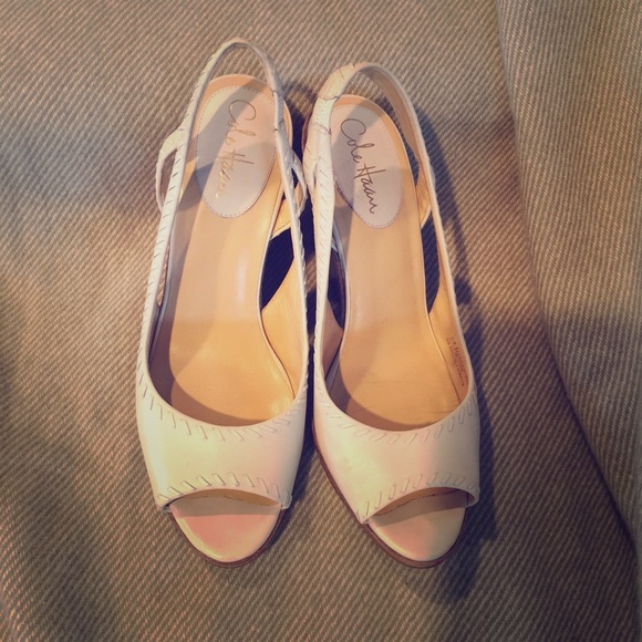 Adorable Cole Haan cream leather sling back wedge