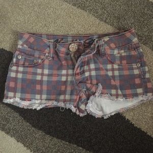 Vanilla Star jean shorts plaid red, blue, & white