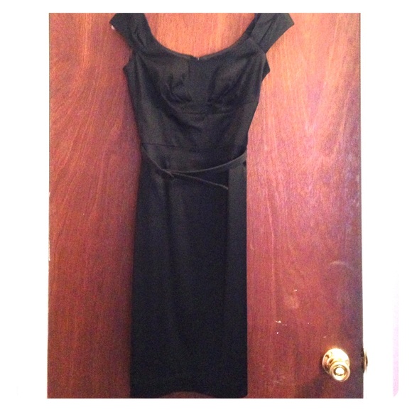 Black satin dress with cap sleavies and belt