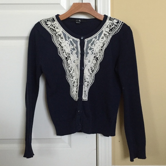 Navy Blue Cardigan with Vintage Lace