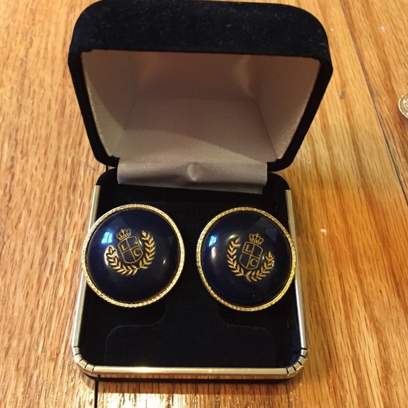 Navy blue and gold anchor clip earrings
