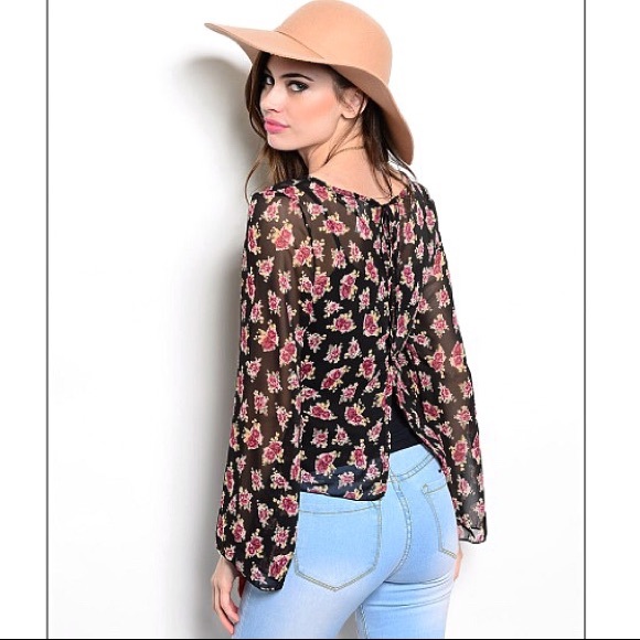 Black lace panel floral pattern split back blouse - Picture 2 of 2