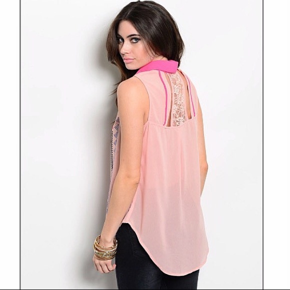 Pink button up embellished collar tank blouse - Picture 2 of 2