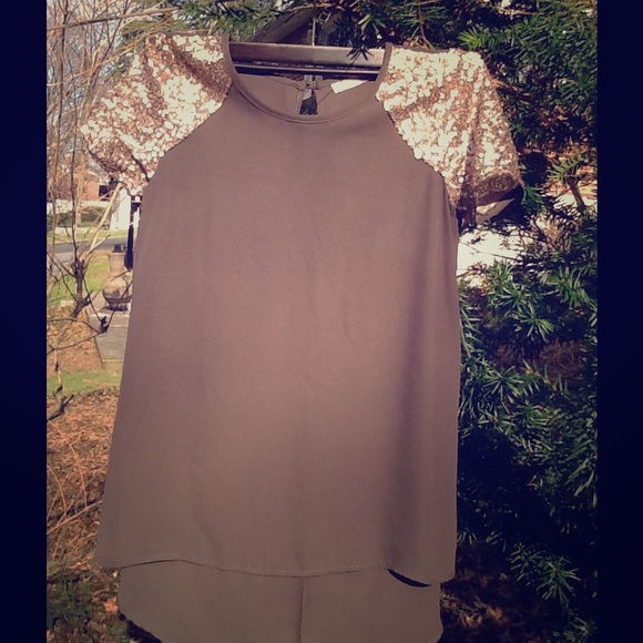 Grey Top With Gold Sequined Sleeves