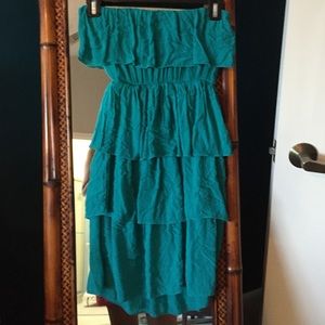 Strapless teal dress.