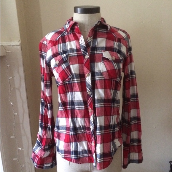 Red white blue plaid flannel button up