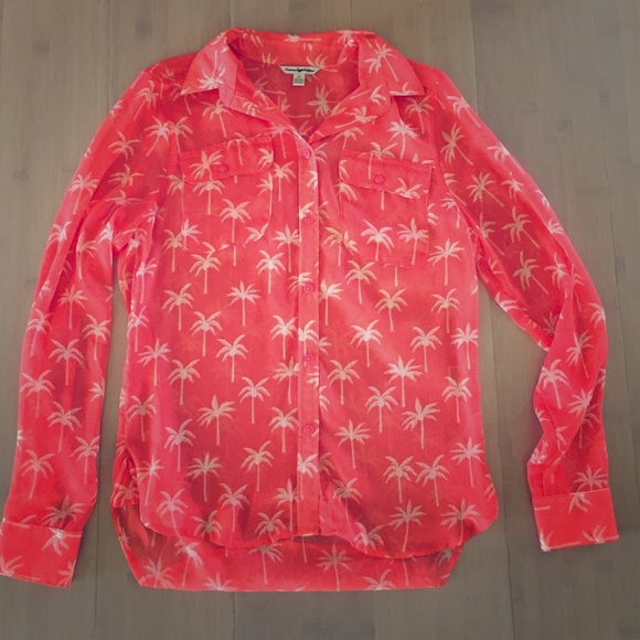 Coral palm tree sheer button up blouse
