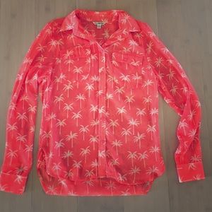 Coral palm tree sheer button up blouse