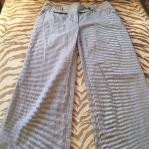Seersucker gray and navy wide legged pants.