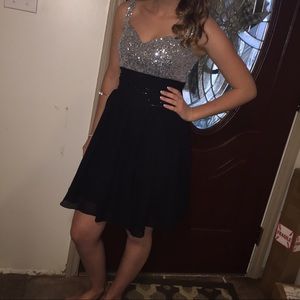 Black and silver short formal or prom dress.
