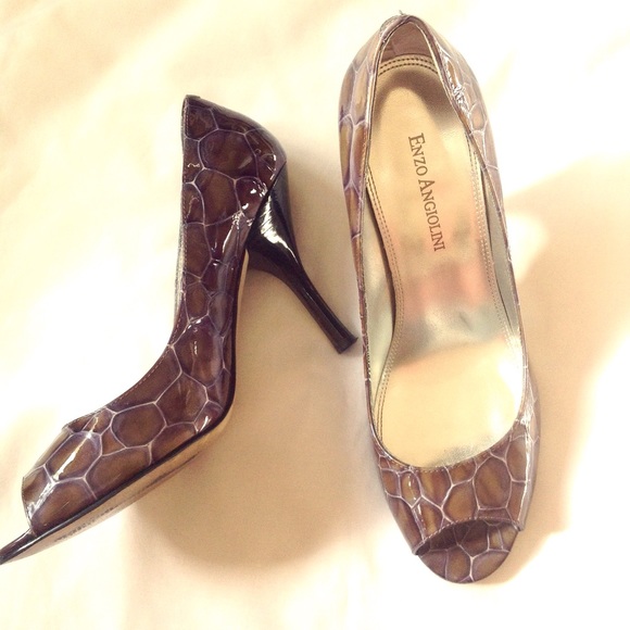 Snake print metallic peep toe heels