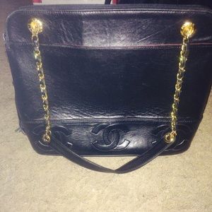 Chanel vintage black leather signature purse tote