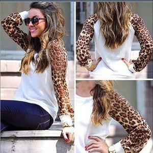 White and leopard print long sleeve top size large